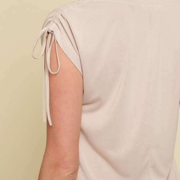 MYSTREE Beige Short Sleeve Tie Shoulder Dress, Soft Knit Casual T-Shirt Dress - Picture 5 of 5